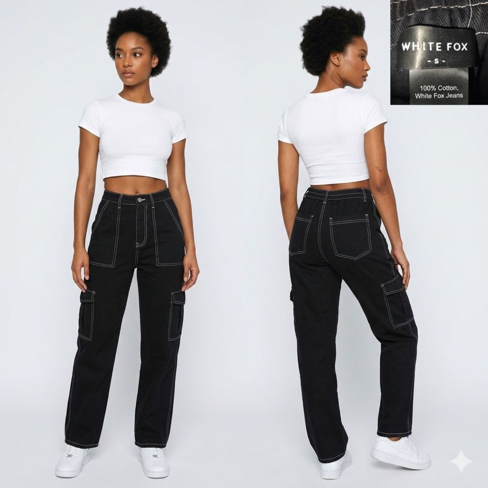 White Fox Boutique Contrast Stitch Cargo Pants Black White Denim Size S Small